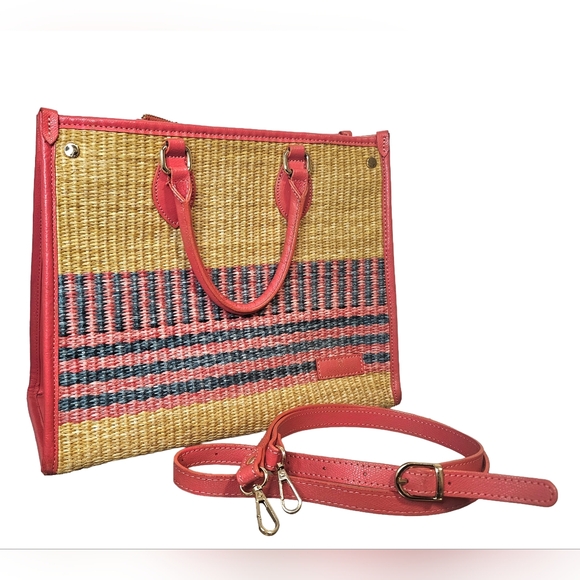 [Chiara-Ferretti] Italian Woven/ Coral Pink Soft Leather Satchel/Crossbody Bag - Picture 15 of 15